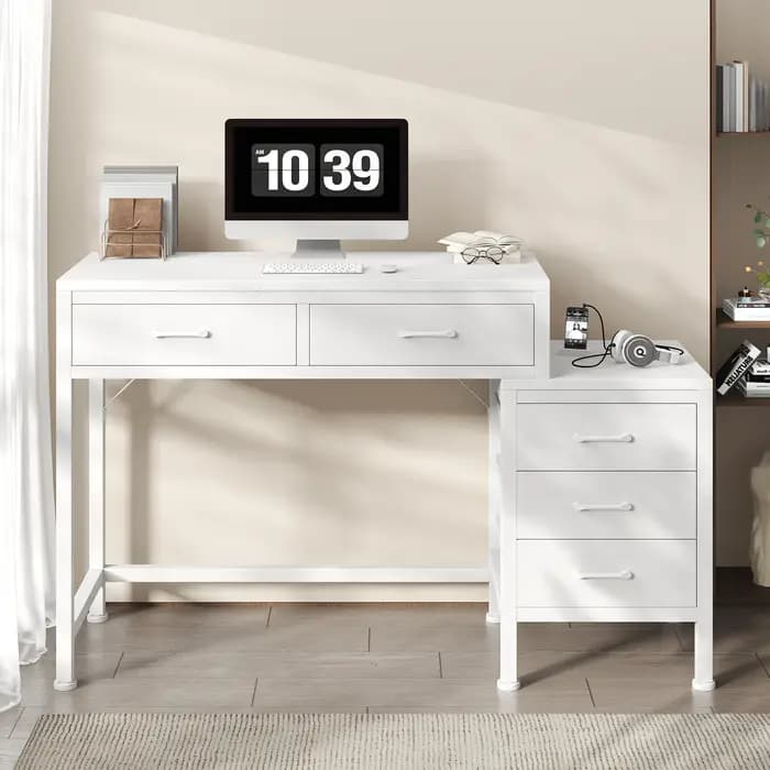Bureau d'ordinateur JHK 51IN avec 5 tiroirs, petit bureau de bureau, table d'ordinateur avec support