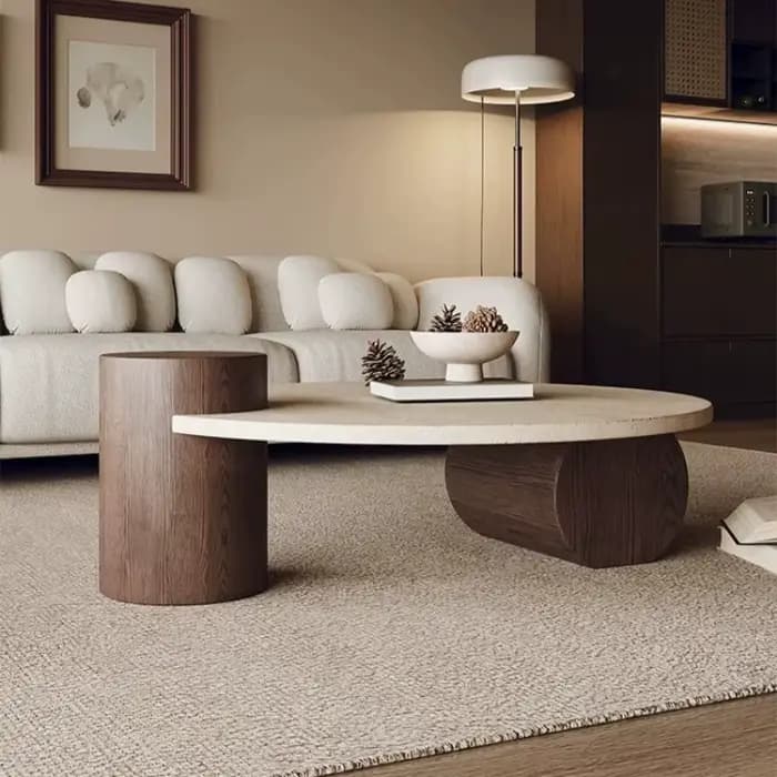 Table basse ronde en travertin pour salon