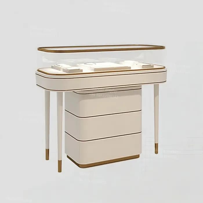 Vitrine à bijoux blanche brillante sur mesure, présentoir professionnel en verre pour bijoux, vitrine de comptoir en verre