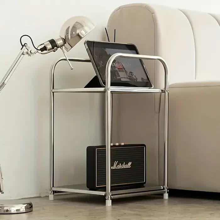 Table d'appoint moderne en acier inoxydable, table de chevet argentée, étagère de rangement pour can