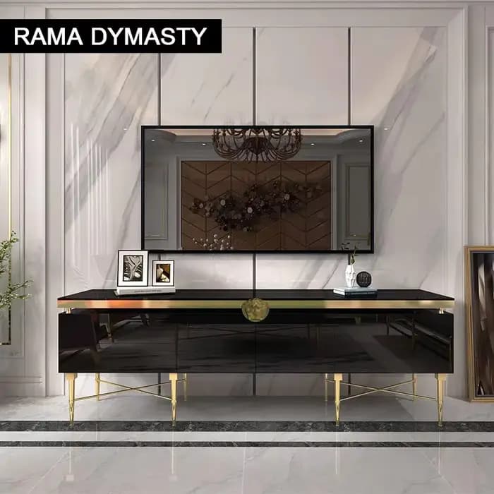 Table TV de luxe avec base et rangement en acier inoxydable doré, couleurs noir et blanc