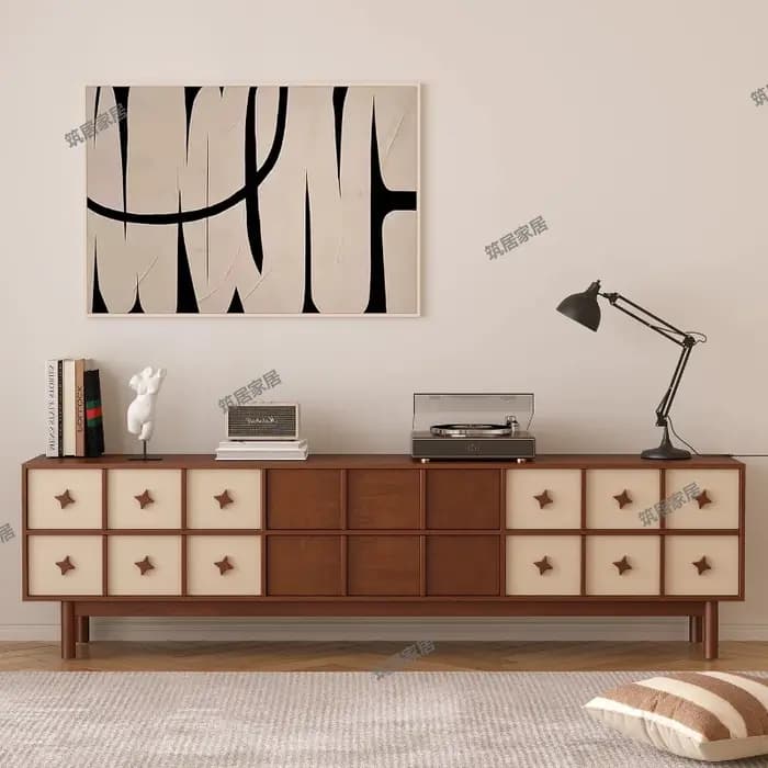 Meuble TV en bois massif style Farmhouse avec éclairage intégré sous le rangement