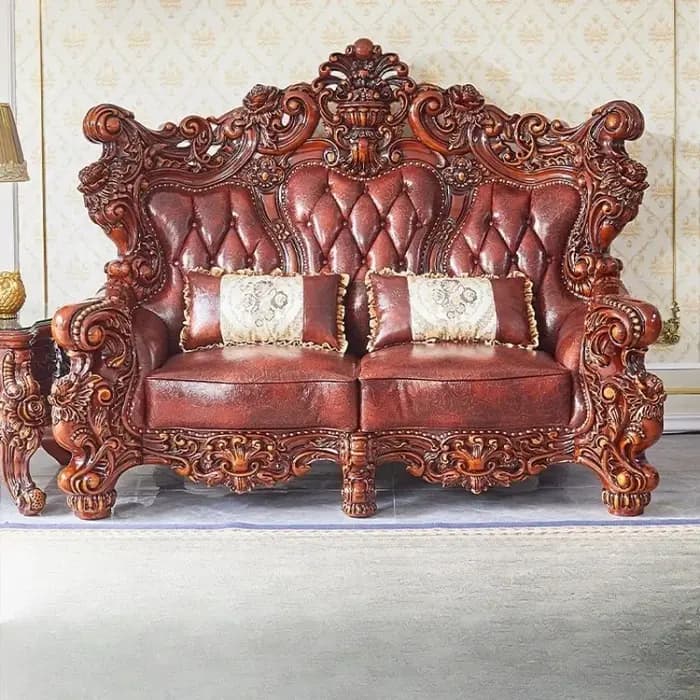 Ensemble de canapés de luxe européen en bois massif sculpté et cuir pleine fleur