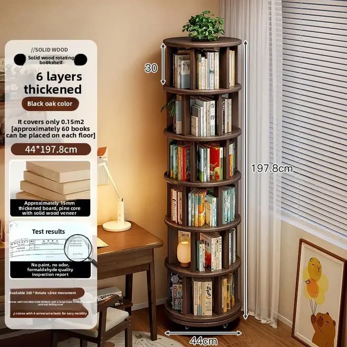 Bibliothèque rotative en bois massif avec roulettes