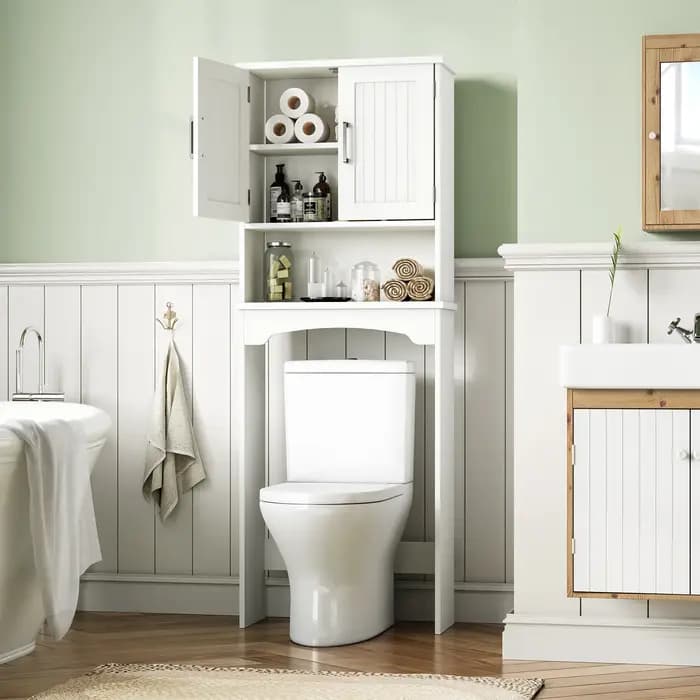 Armoire de rangement au-dessus des toilettes avec portes doubles et dispositif anti-basculement, org