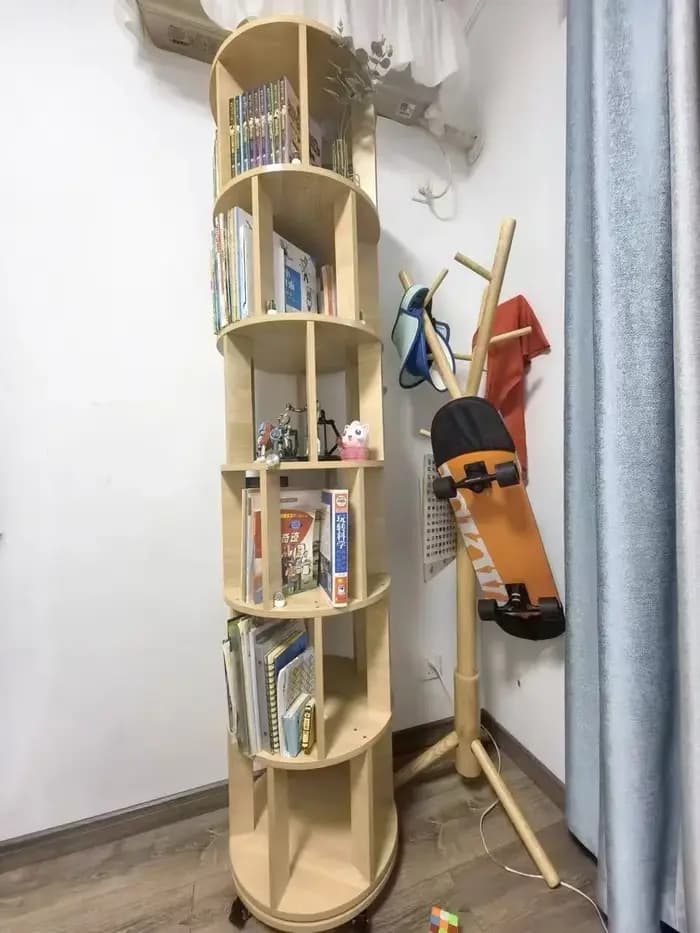 Bibliothèque rotative en bois massif avec roulettes