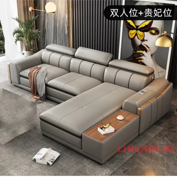 Canapé d'angle moderne en cuir véritable avec USB, haut-parleurs, porte-gobelets, appuie-têtes incli