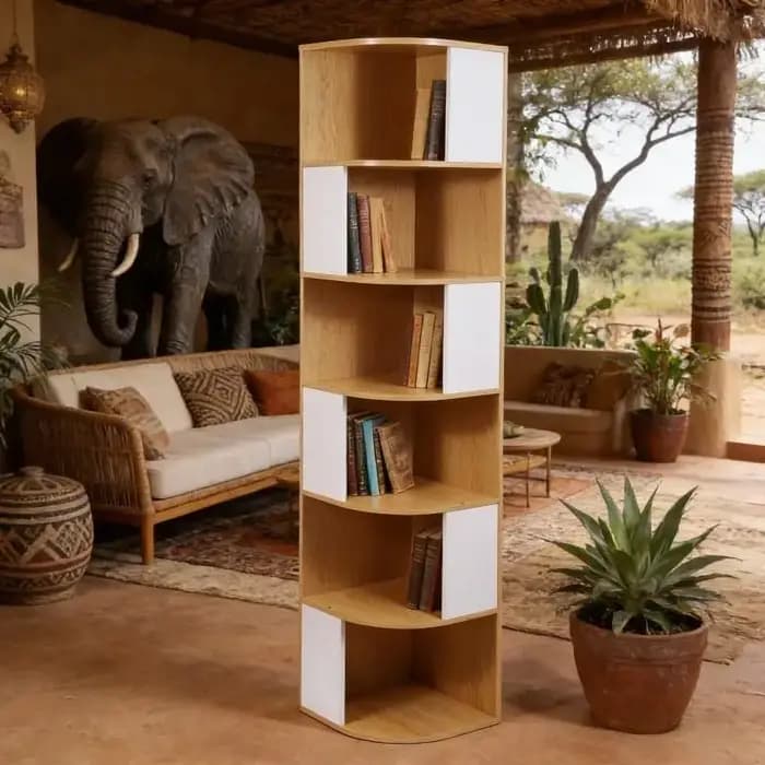 Bibliothèque d'angle moderne, étagère à 6 niveaux en bois massif et MDF, étagère de présentation réglable avec dossier en acier inoxydable