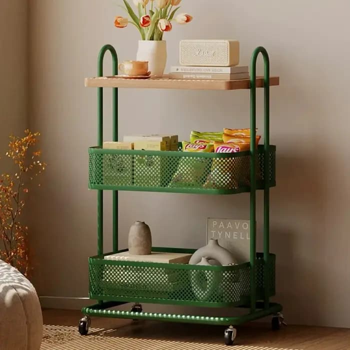 Tables d'appoint en métal et bois avec rangement sur roulettes