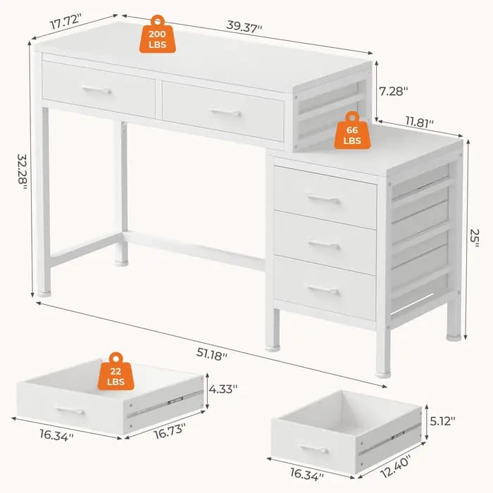 Bureau d'ordinateur JHK 51IN avec 5 tiroirs, petit bureau de bureau, table d'ordinateur avec support