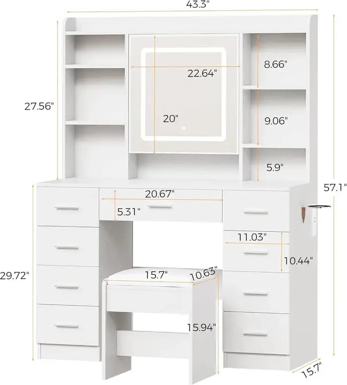 Table de maquillage avec prise électrique, tabouret de maquillage avec 9 tiroirs, 6 étagères de rang