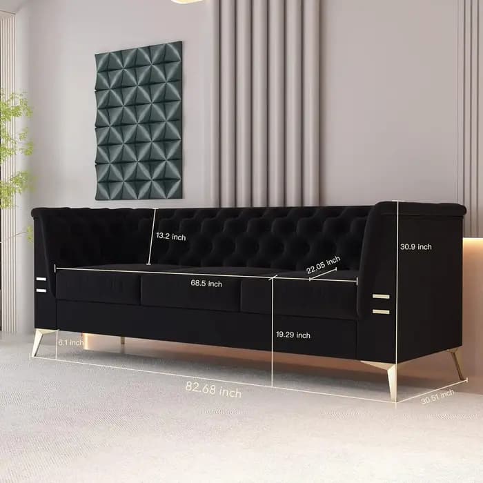 Canapé Chesterfield en velours 3 places capitonné avec pieds en métal doré Salon rembourré confortab