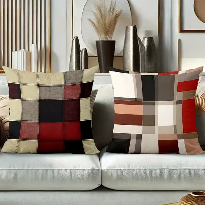 Housse de coussin décorative à motif patchwork écossais