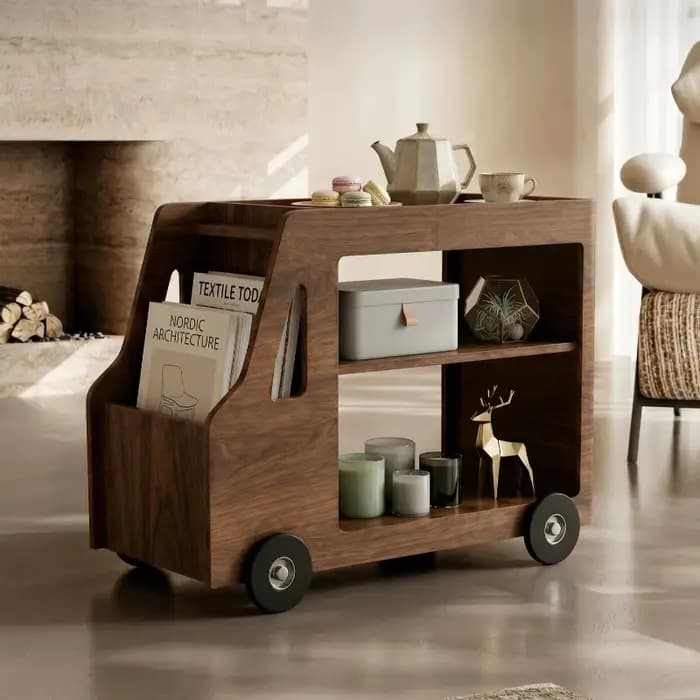 Table basse vintage avec rangement sur roulettes