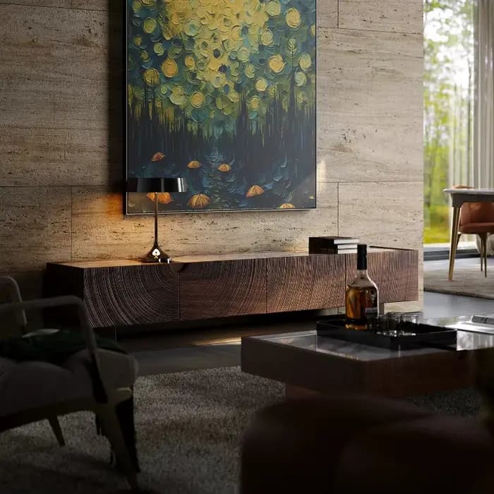 Meuble TV de salon vintage floral avec accent cannelé pour écran de divertissement