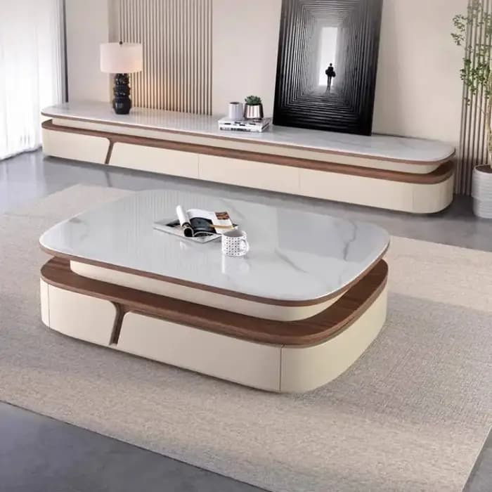 Table basse cachée blanche design tiroir gris rangement