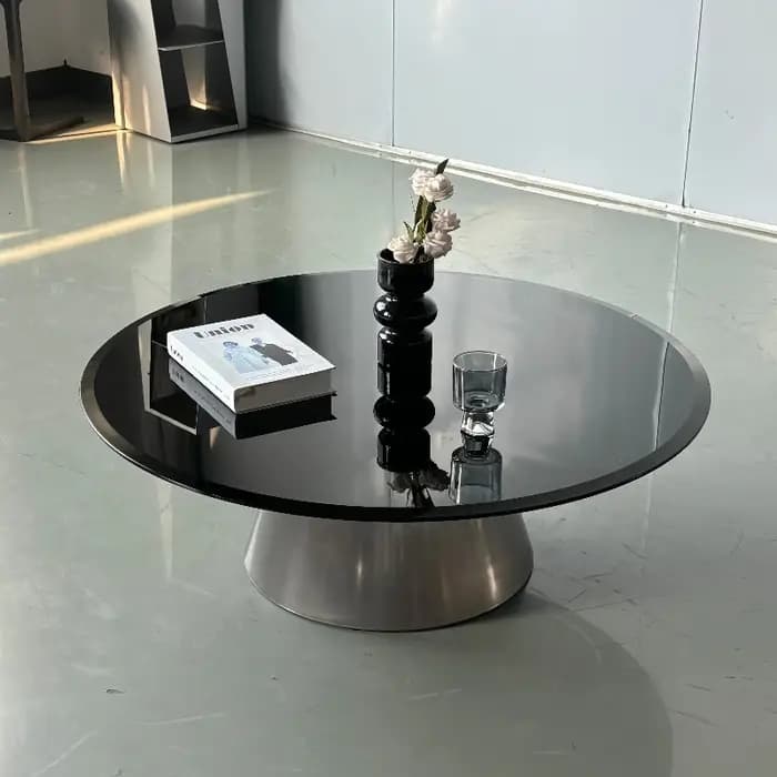 Table basse ronde transparente en acier inoxydable noir