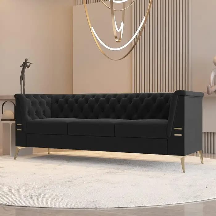 Canapé Chesterfield en velours 3 places capitonné avec pieds en métal doré Salon rembourré confortab