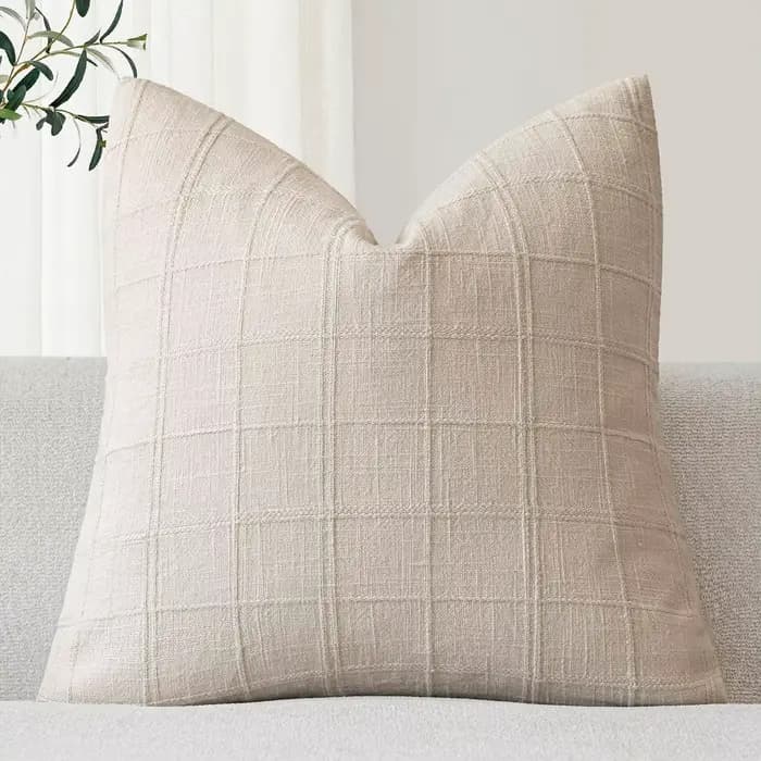 Housses de coussin en lin beige à carreaux