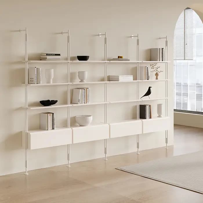 Bibliothèque minimaliste crème, bibliothèque de salon, du sol au plafond, multi-niveaux, en fer forg