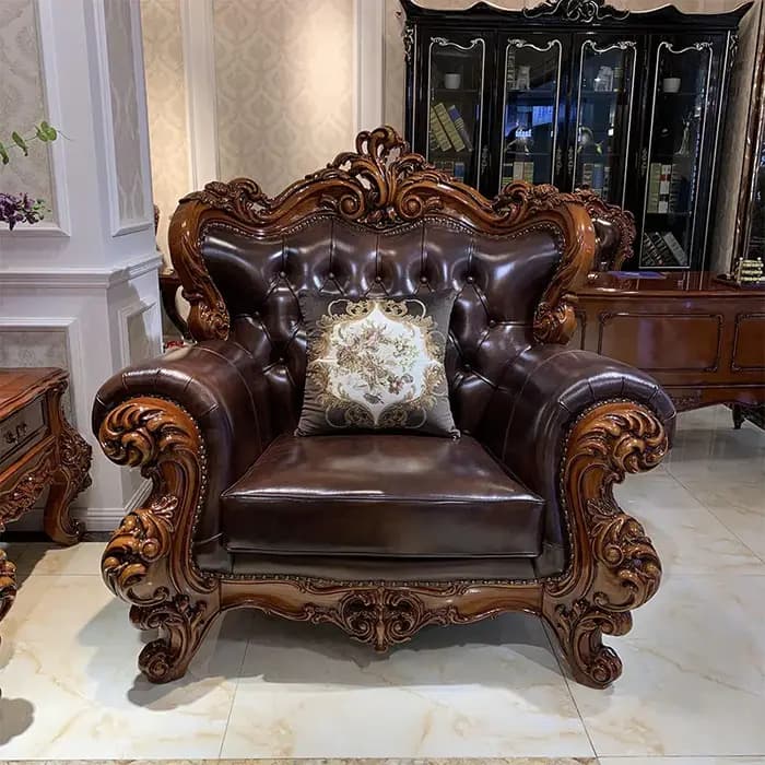 Meubles de salon de villa en cuir pleine fleur de luxe européen et américain, style vintage, en bois