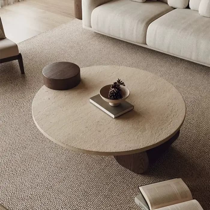 Table basse ronde en travertin pour salon