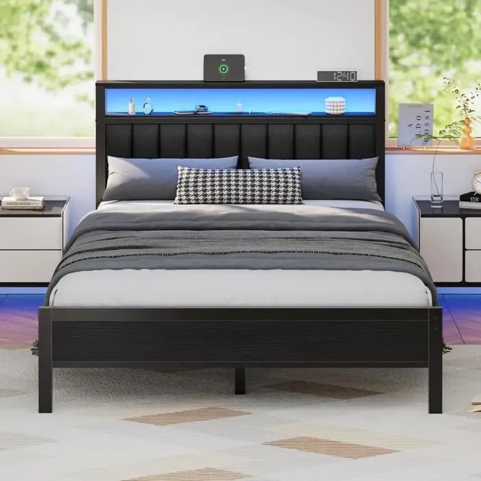 Cadre de lit avec station de charge et éclairage LED, lit plateforme avec lattes métalliques, rembou