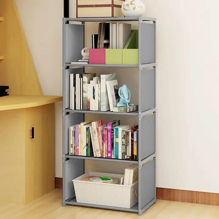 Présentoir de bibliothèque à 4 niveaux, support d'étagère de rangement de livres, étagère gris clair