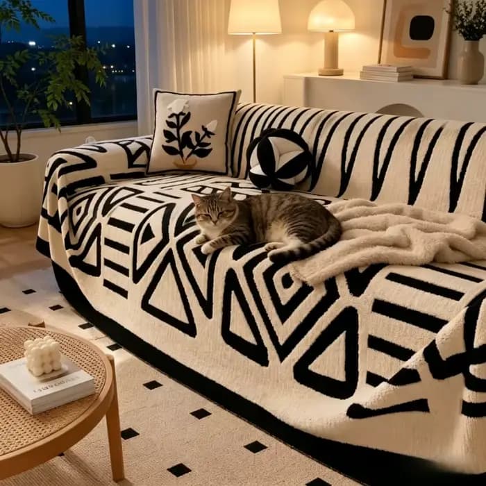 Housse de canapé en flanelle Boho noir et blanc 180×230cm