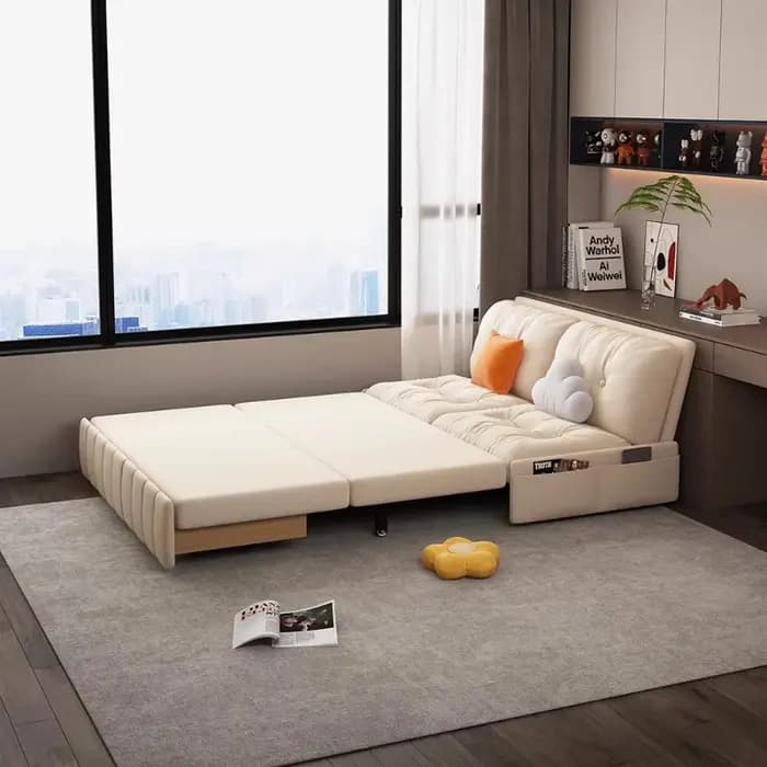Canapé-lit couleur crème multifonctionnel pliable convertible en tissu chenille résistant aux rayures
