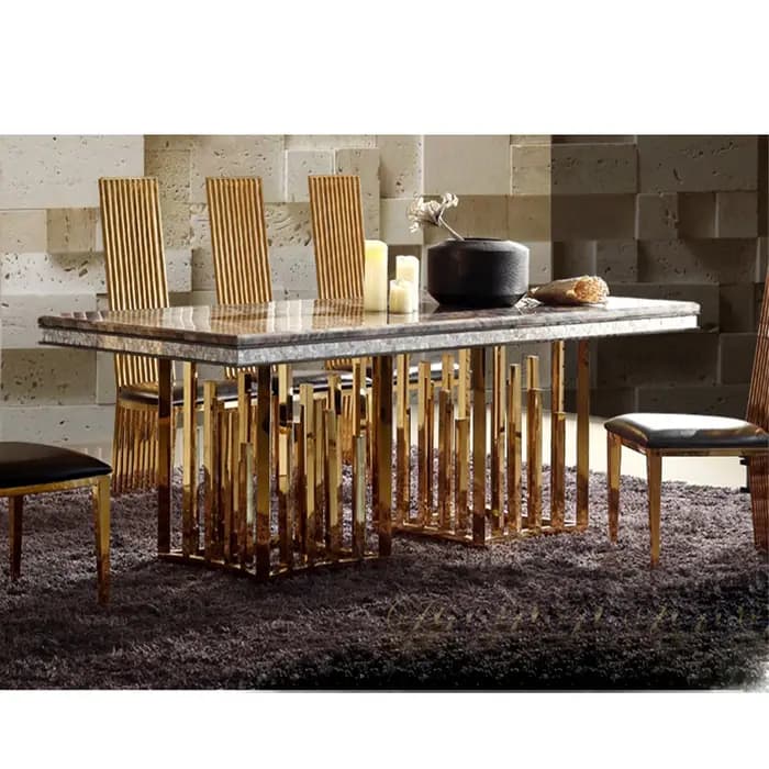 Linlamlim-Ensemble de table à manger en marbre avec cadre en acier inoxydable doré