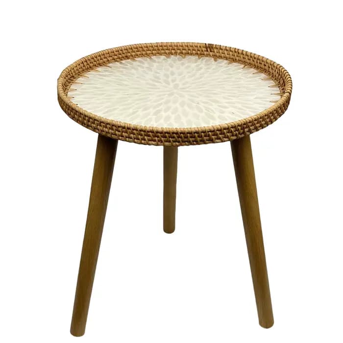 Table de bout ronde en rotin, table d'appoint Boho pour la salle de séjour avec incrustation en nacr