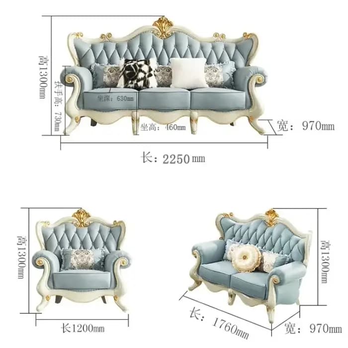 Ensemble de canapés 3 pièces de luxe européen et américain en cuir pleine fleur et bois massif gris