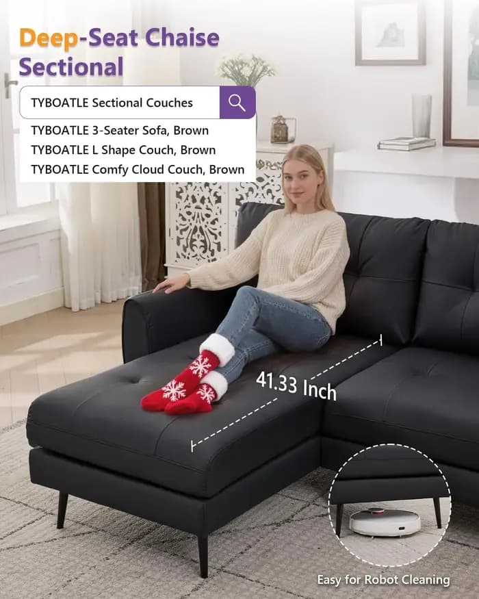 Canapé d'angle en cuir 3 places en forme de L de 89 pouces avec ports de charge USB et Type-C, siège
