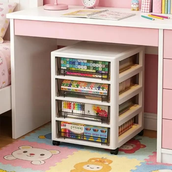 Unité rangement en plastique avec compartiments roues visibles