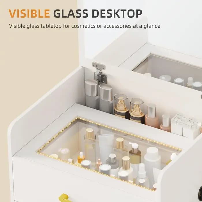 Coiffeuse 3 en 1 avec miroir rabattable pour chambre à coucher, petite coiffeuse compacte avec plate
