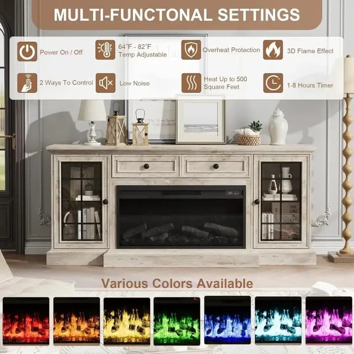 Centre de divertissement de ferme moderne avec lumières LED de cheminée électrique - Meuble TV pour