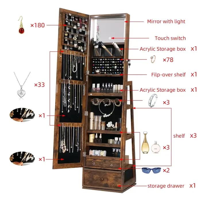 Armoire à bijoux avec miroir pleine longueur pivotant à 360° - Armoire sur pied avec miroir intégré