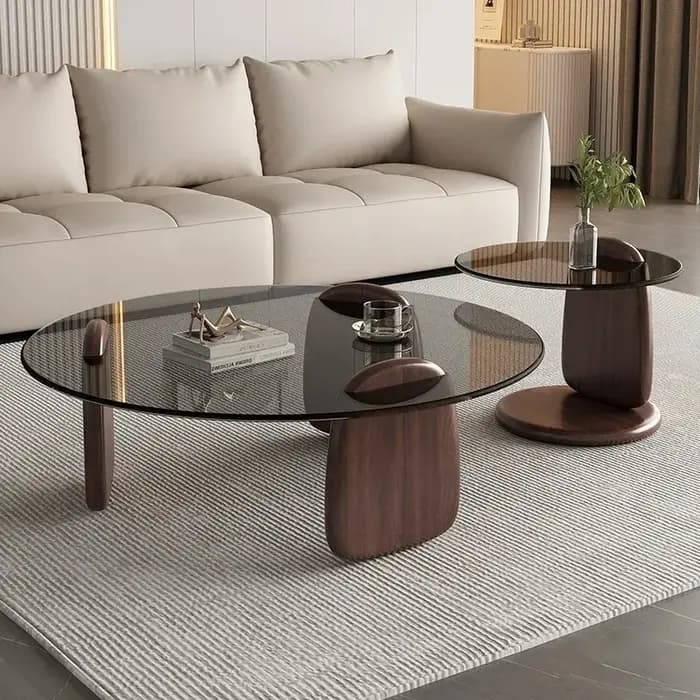Table basse rétro en bois massif et verre