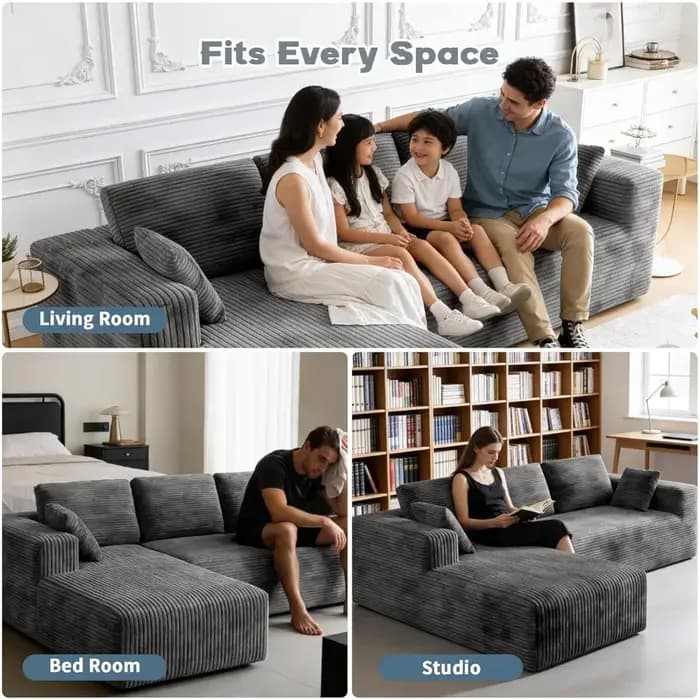 Canapé sectionnel en velours côtelé, canapé en L sans structure avec assise profonde, canapé en mous