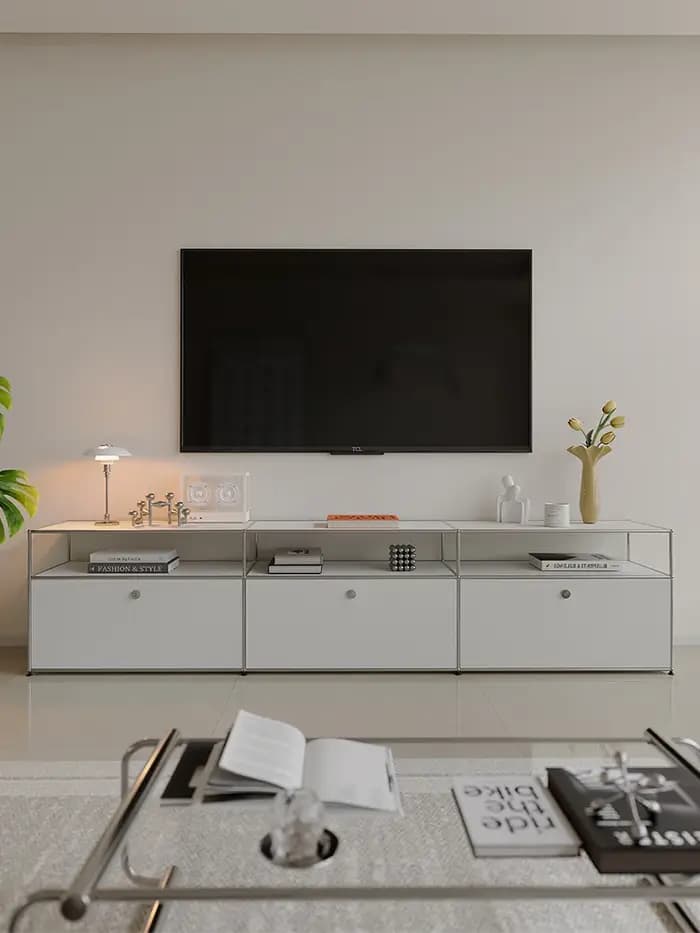 Meuble TV avec rangements, armoire d'angle, meuble de rangement en métal, meuble de présentation, mo