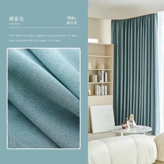 Rideaux occultants bleus en coton et lin double face sur mesure pour salon