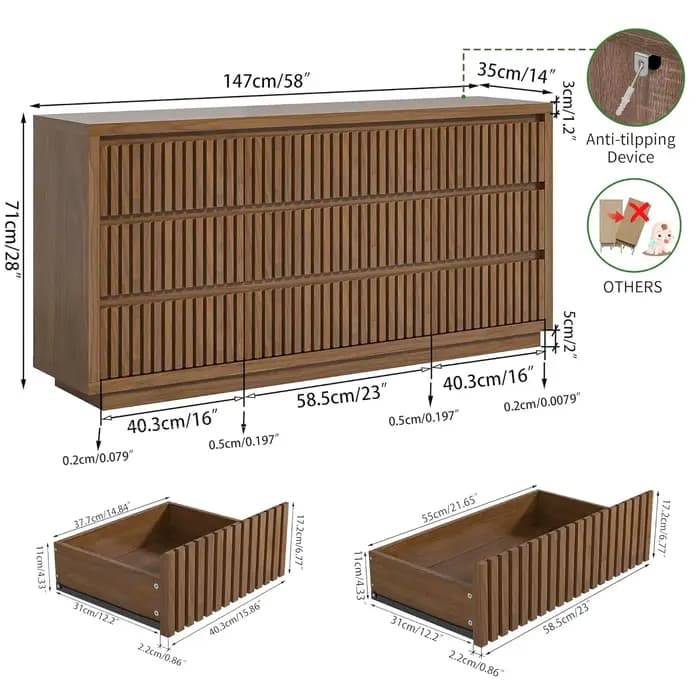 Commode à 9 tiroirs à nervures, grande commode de style mid-century pour chambre à coucher, 58 pouce