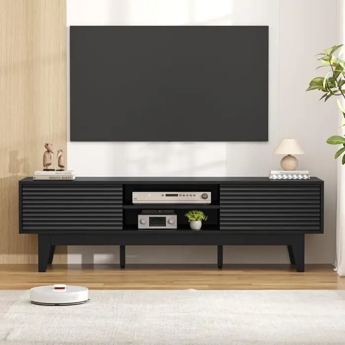 Meuble TV pour téléviseur 65 pouces, centre de divertissement moderne à cannelures avec rangement, c