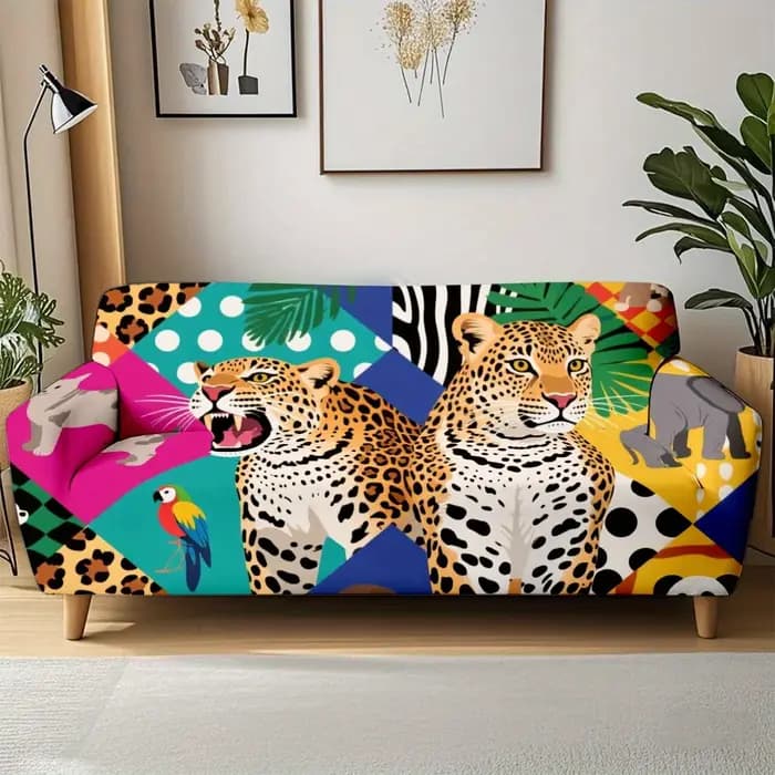 Housse de canapé extensible à imprimé léopard tropical avec patchwork éléphant et perroquet
