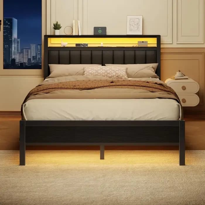 Cadre de lit avec station de charge et éclairage LED, lit plateforme avec lattes métalliques, rembou