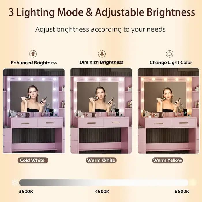 Coiffeuse de maquillage 58.3 avec station de charge, table de maquillage rose avec miroir lumineux,