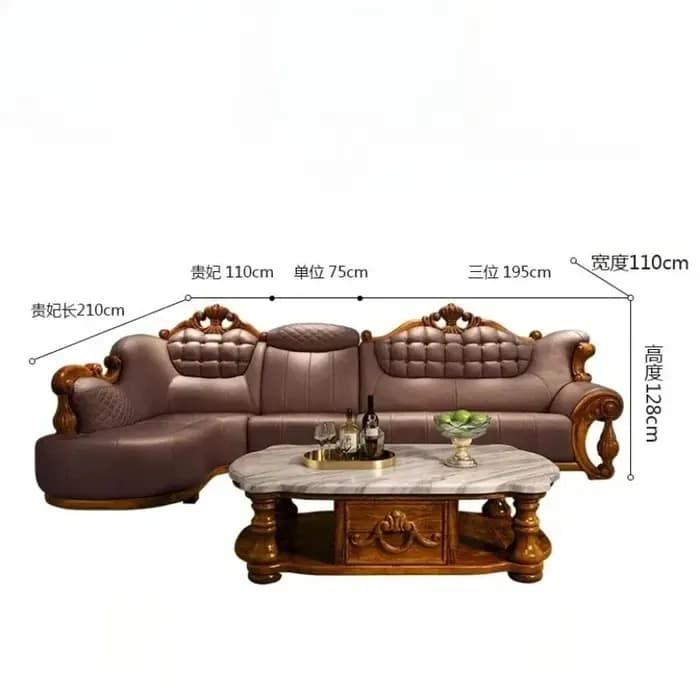 Canapé d'angle en L en cuir véritable et bois massif de style chinois moderne européen