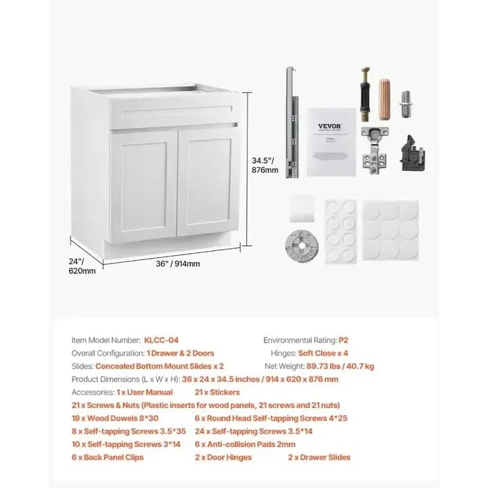 Meuble bas de rangement style Shaker blanc Bestseller36, non assemblé, 36 de largeur x 24 de profond