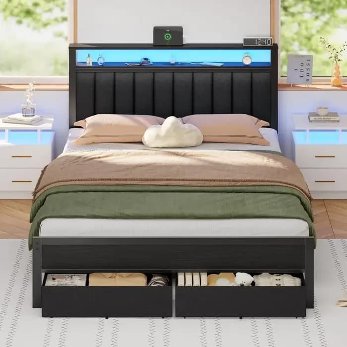 Cadre de lit avec station de charge et éclairage LED, tête de lit rembourrée grise avec étagères, li